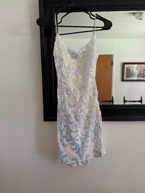 Iridescent Sequin Mini Dress Cowl Neck Open Back Wedding Night B. Darlin Size S